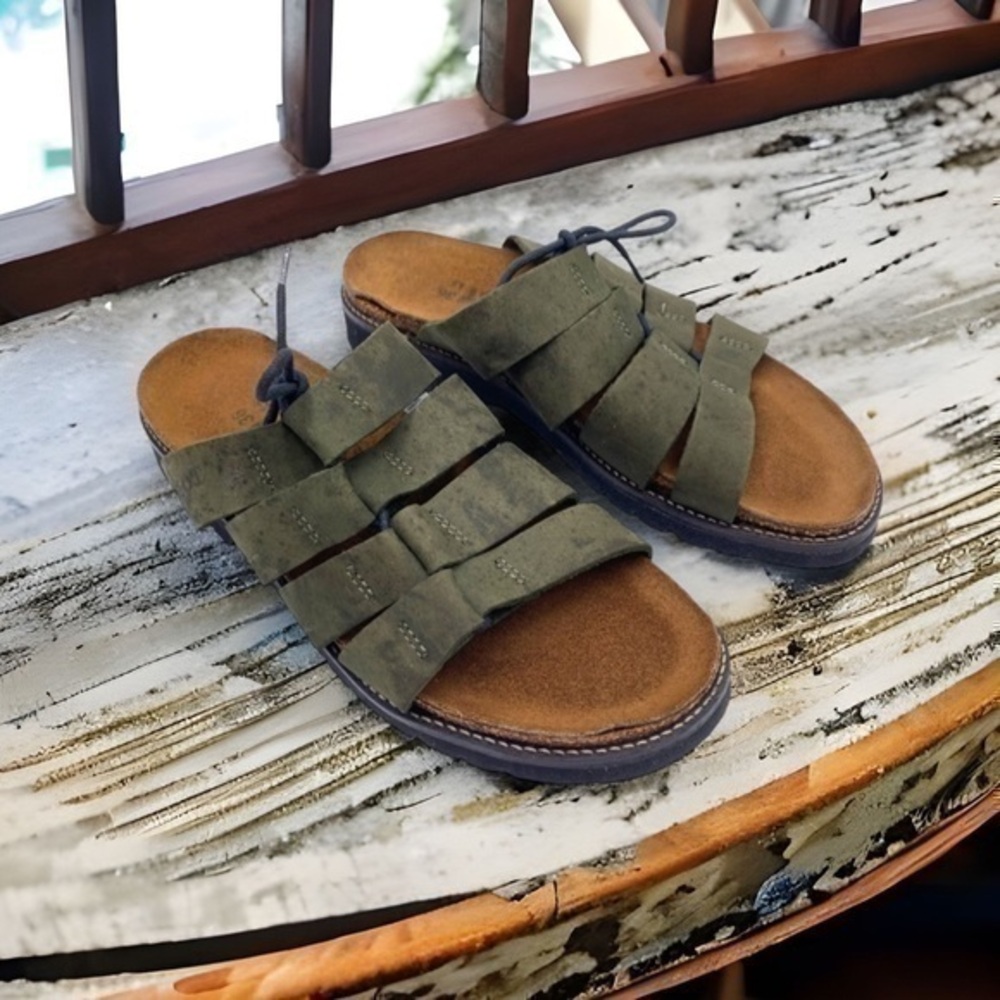 NAOT Olive Green Comfort Cork Slip On Sandals Suede Slides Laced